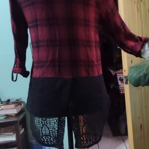 Red and Black Plaid Top with Lace Hem
